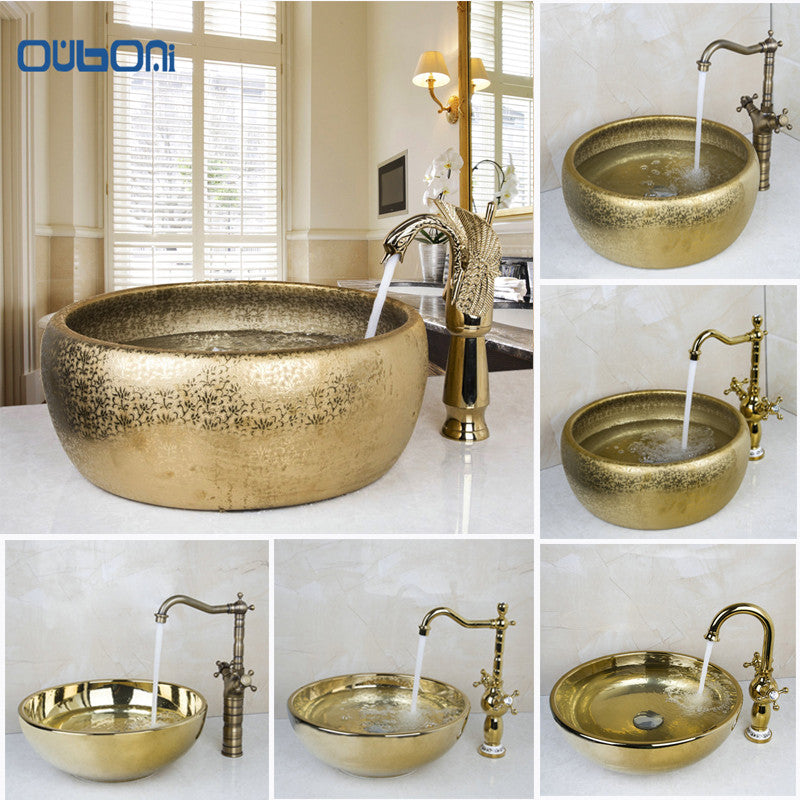 Ouboni New Arrival Bathroom Faucet Round Paint Golden Bowl Sinks