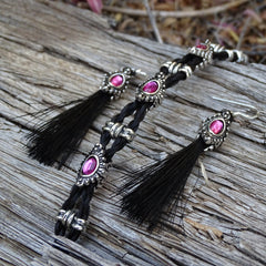 Bling Rhinestone Horse Hair Braided Bracelet - Fuschia Earrings 2