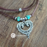 Celtic Boho Horse Head Heart Leather Necklace with Turquoise & Silver look Beads