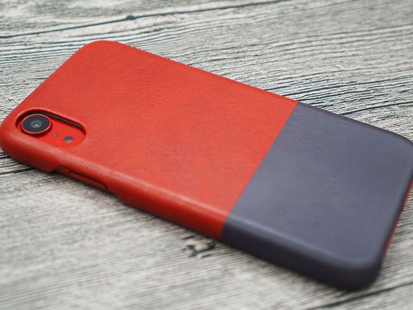 Red iPhone XR with Red & Purple leather case