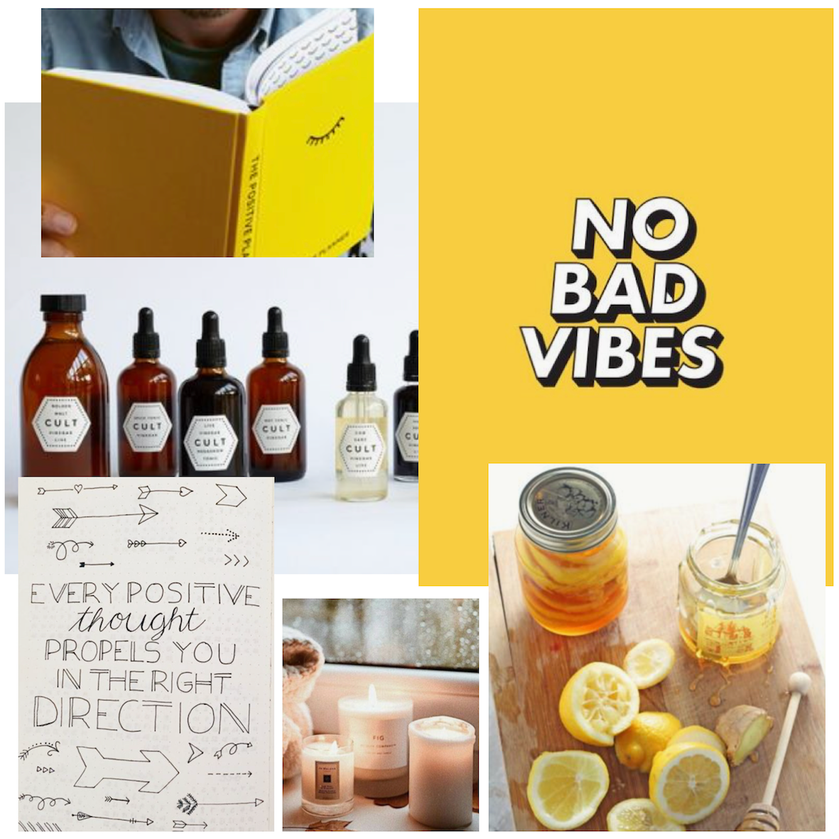 Parcel London Blog. Self care moodboard for our healthy gift box. Yellow, relaxing, meditation, positove planner, vinegar tonics and ginger and lemon.