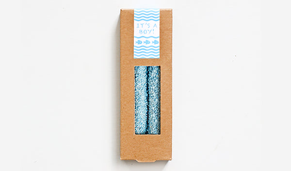 Kraft boxes of two pretzels with blue sprinkles and baby boy customized design