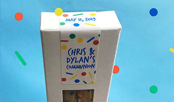 White box of two pretzels with birthday cake flavor and customized design