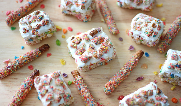 Rice krispies treats with white chocolate and fruity chocolate covered pretzels