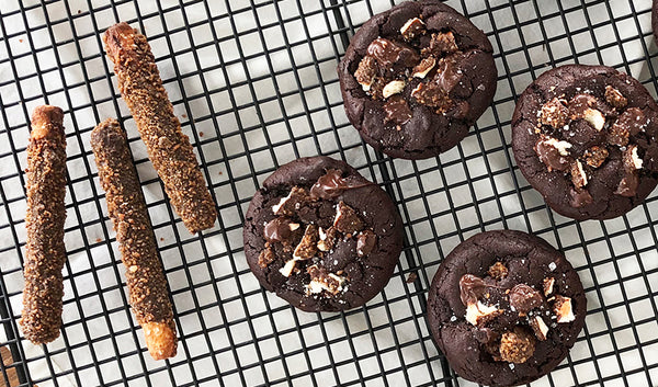 Dark Chocolate Cookies Topped With Sea Salt And Salted Caramel Chocolate Covered Pretzel Pieces
