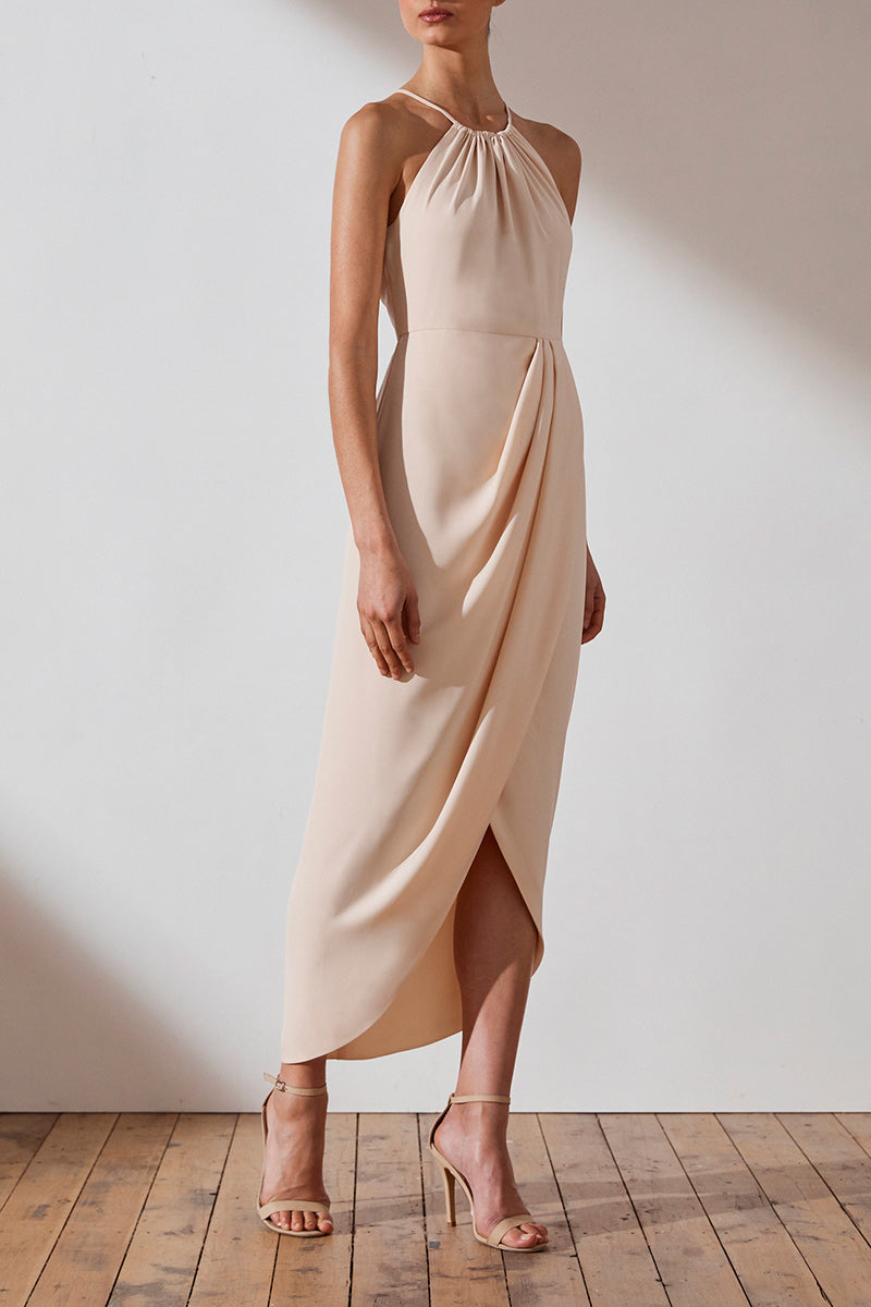 shona joy core high neck ruched dress