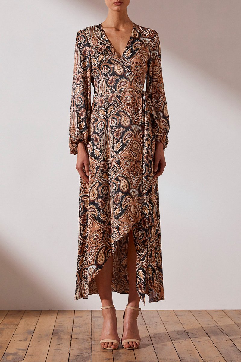 shona joy oro wrap midi dress