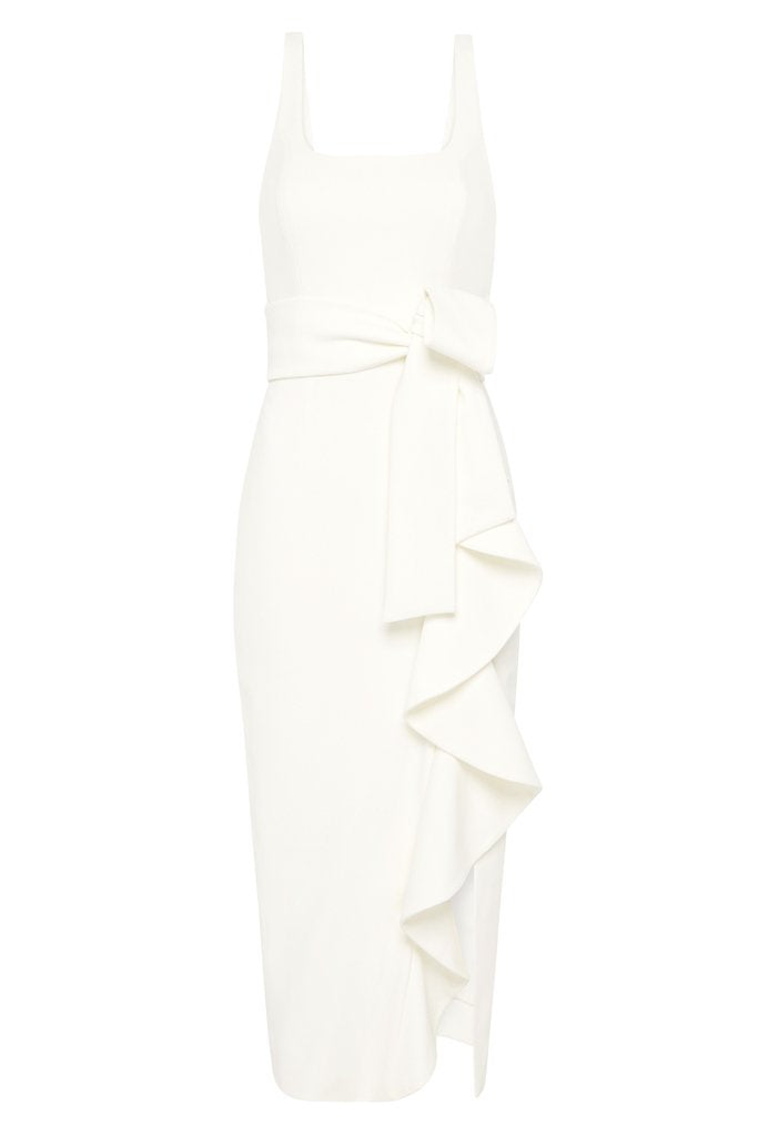 shona joy celeste ruffle front midi with belt