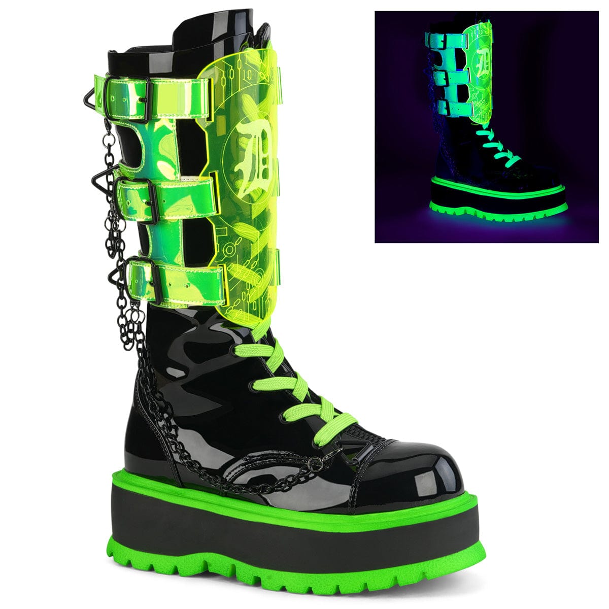 black and neon green boots