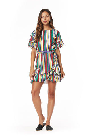 Colorful striped mini dress with belt and ruffles