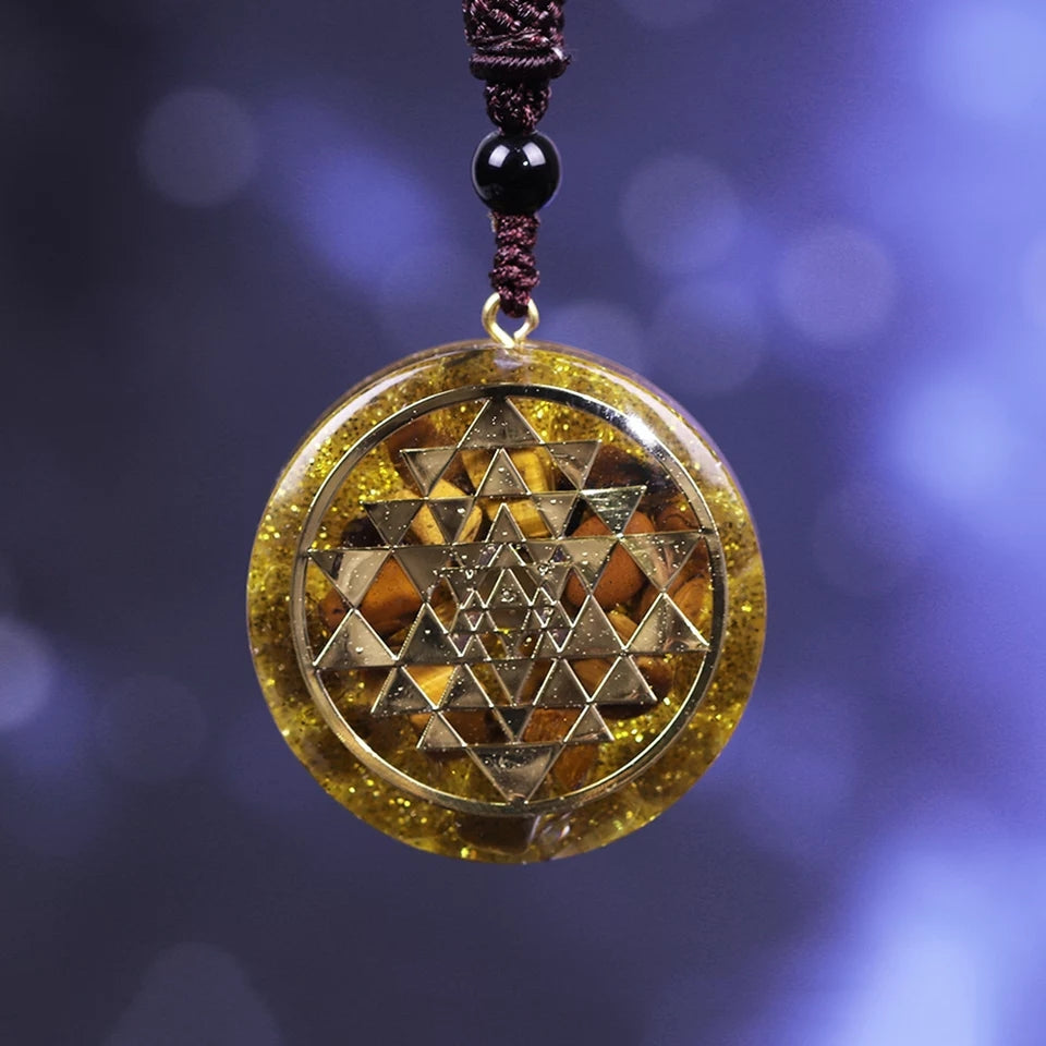 Orgonite Natural Tiger Eye Crystal Pendant Necklace-Sri Yantra Sacred Geometry Orgone-EMF Protection Chakra Healing Orgone-Orgonite Gift