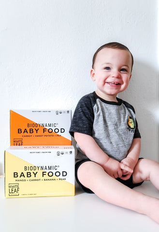 baby boy setting with biodynamic food pack