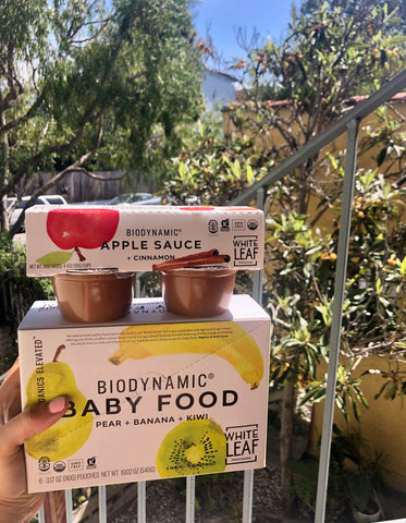 Biodynamic apple sauce packet in hand