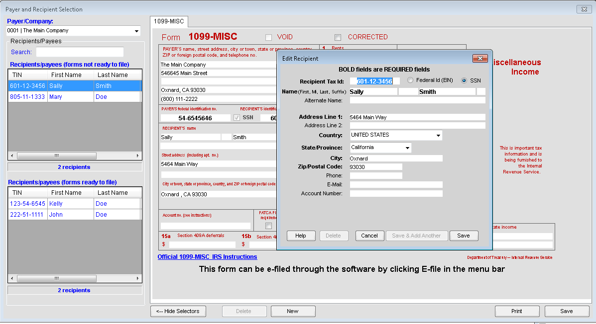 Editing recipients in TFP software