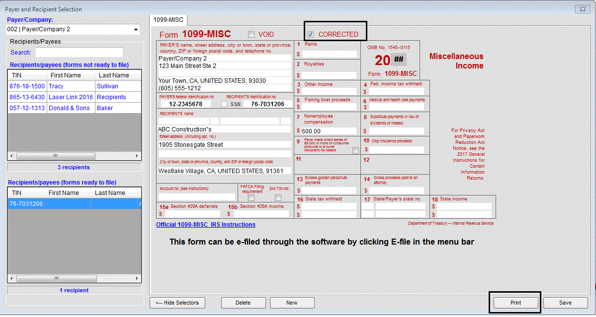 Printing the 1099 Correction Form