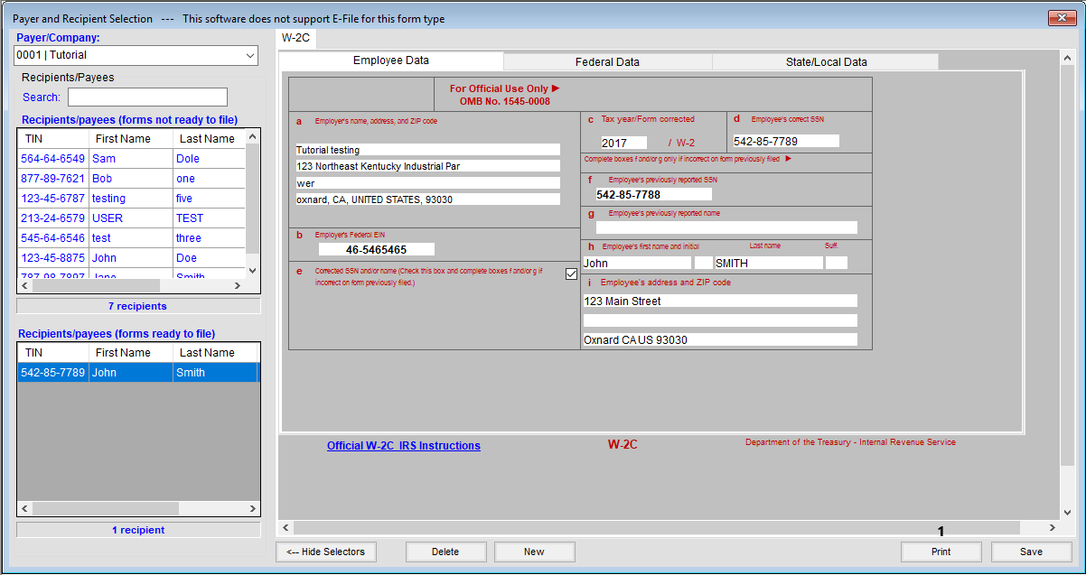 Printing the W2C in TFP software