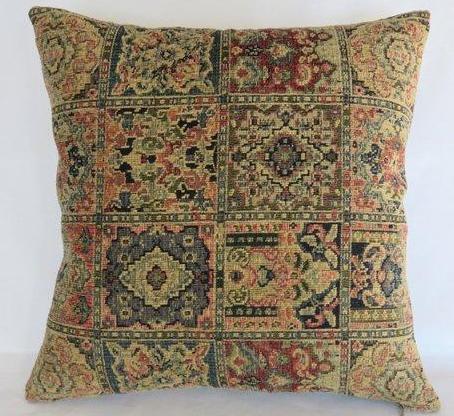 Navy Red Tan Chenille Tapestry Pillow Cover Oriental Carpet Style