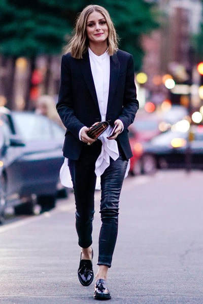 Olivia Palermo inspired fashion: white blouse, black blazer with pull-on ankle slim pant