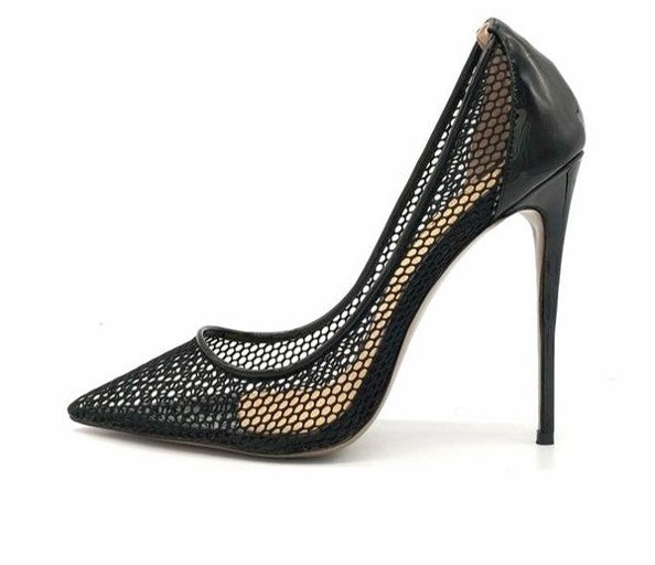 fishnet pointed toe heels