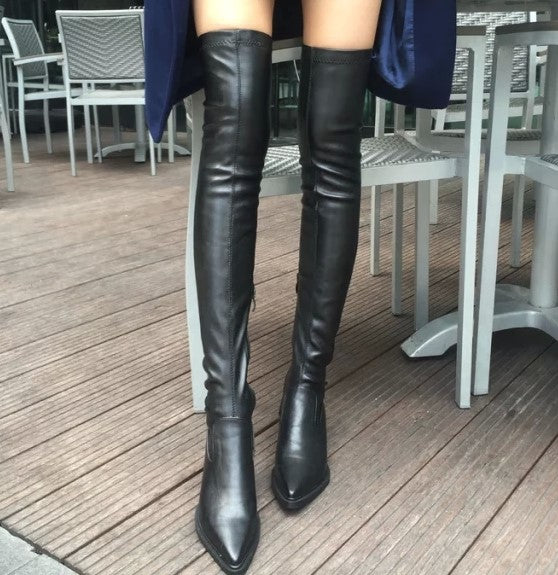 pointed flat knee high boots