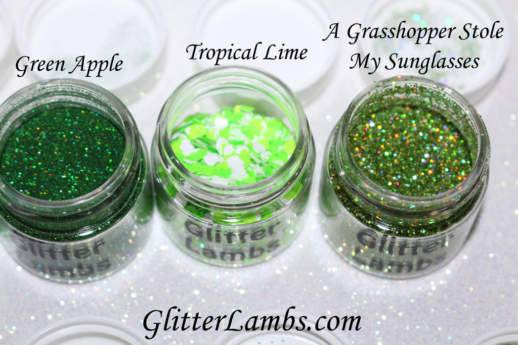 Glitter Lambs Chunky Body Glitter -  Green Glitter Pots GlitterLambs.com Green Apple, Tropical Lime, A Grasshopper Stole My Sunglasses