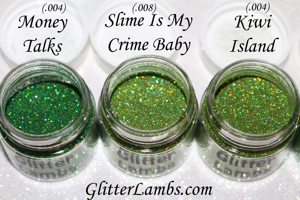 Glitter Lambs Green Body Glitter Pots in Money Talks, Slime Is My Crime Baby, Kiwi Island