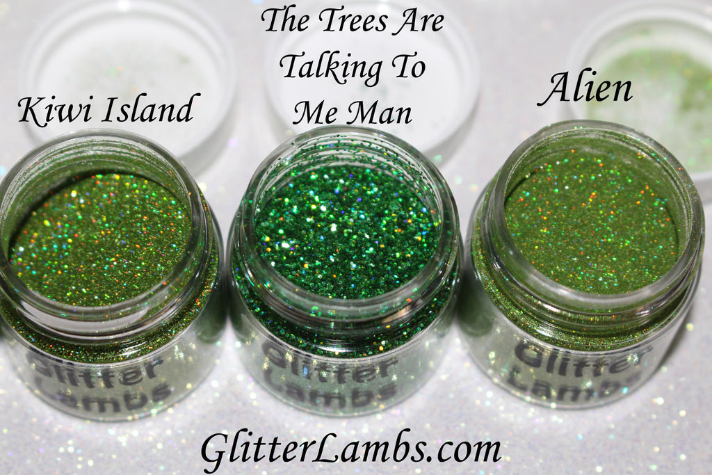 Glitter Lambs Body Glitter in Green - Glitter Pots in Kiwi Island, The Trees Are Talking To Me Man, Alien GlitterLambs.com