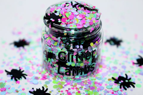 Little Miss Muffet Glitter by GlitterLambs.com | Black Spiders and Colorful Dots