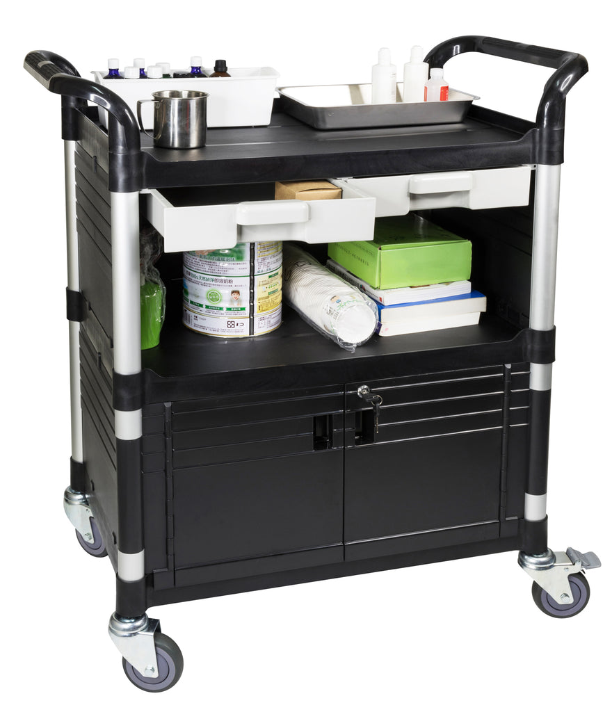 3 Shelf Utility Cart Medical Cart With Lockable Door Drawers 606 Lbs