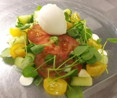 Cucumber, melon sorbet and tomato salad with Strawberry & Mint Vinegar