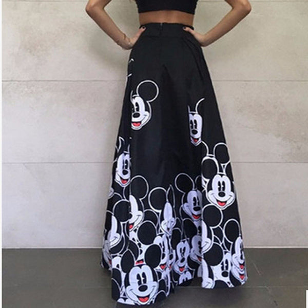 2018 Fashion Maxi Long Skirt Floor Length Ladies Elastic High Waist Muslim Skirts Women Mickey Printed Maxi Long Skirt