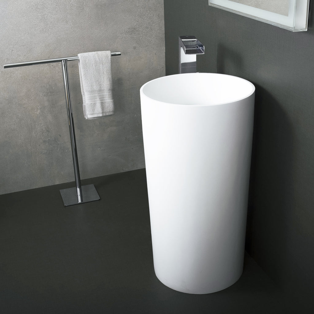 DAX Solid Surface Round Pedestal Freestanding Bathroom Sink, White Matte  Finish, 17-3/4 x 17-3/4 x 32-7/8 Inches (DAX-AB-1381)