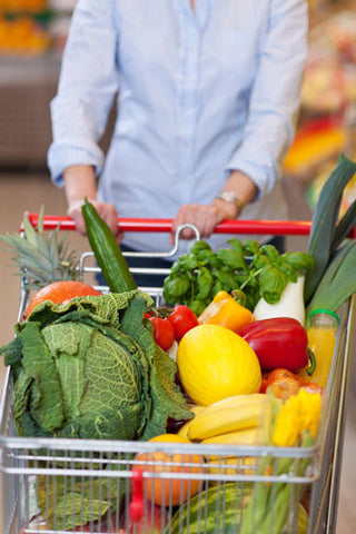 Healthy Fruits & Vegetables in a Grocery Cart
