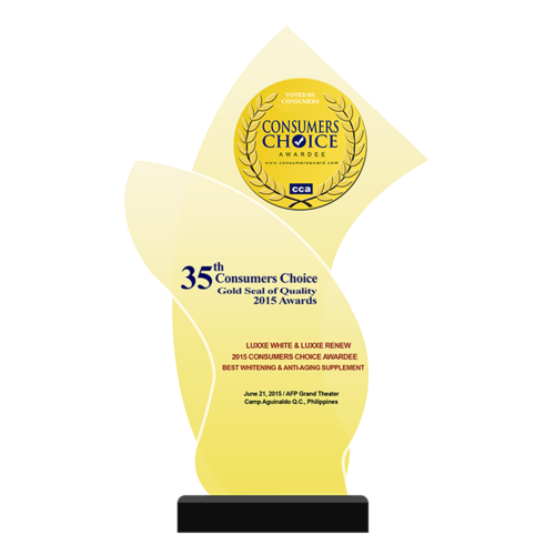 35th CONSUMERS CHOICE Gold Seal of Quality 2015 Awards  LUXXE WHITE & LUXXE RENEW 2015 Consumers Choice Awardee Best Whitening & Anti-Aging Supplement