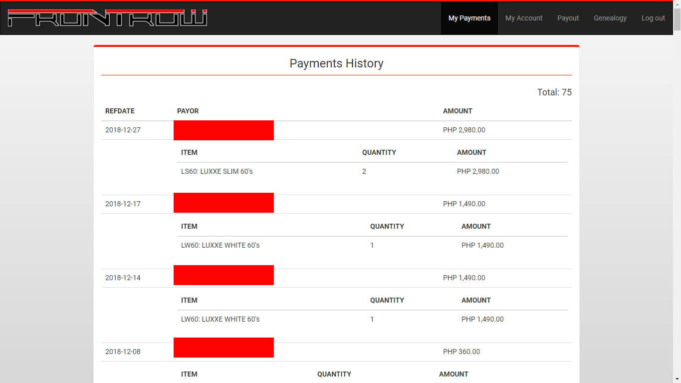 frontrow payment purchase history