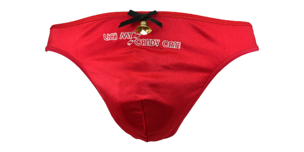 Mens Lick My Candy Cane Thong w/Black Bow and Gold Bell (Men Christmas u