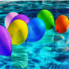 Birthday balloons floating in the pool