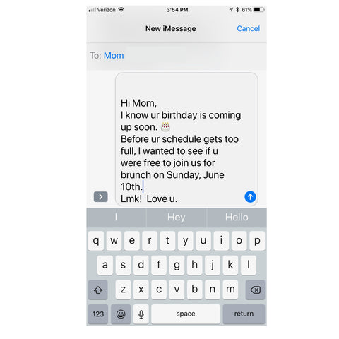 Text on an iPhone inviting Mom for a 60th birthday party brunch