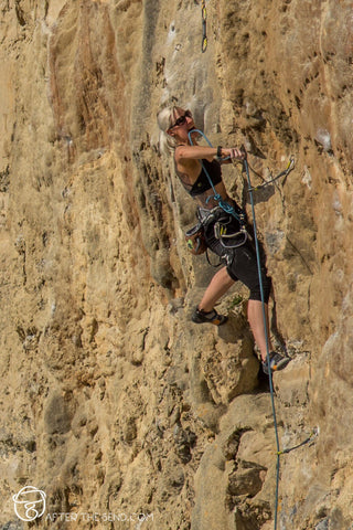 Pongoose blog - climbing with Crohn's image of climber on 7b at Portland