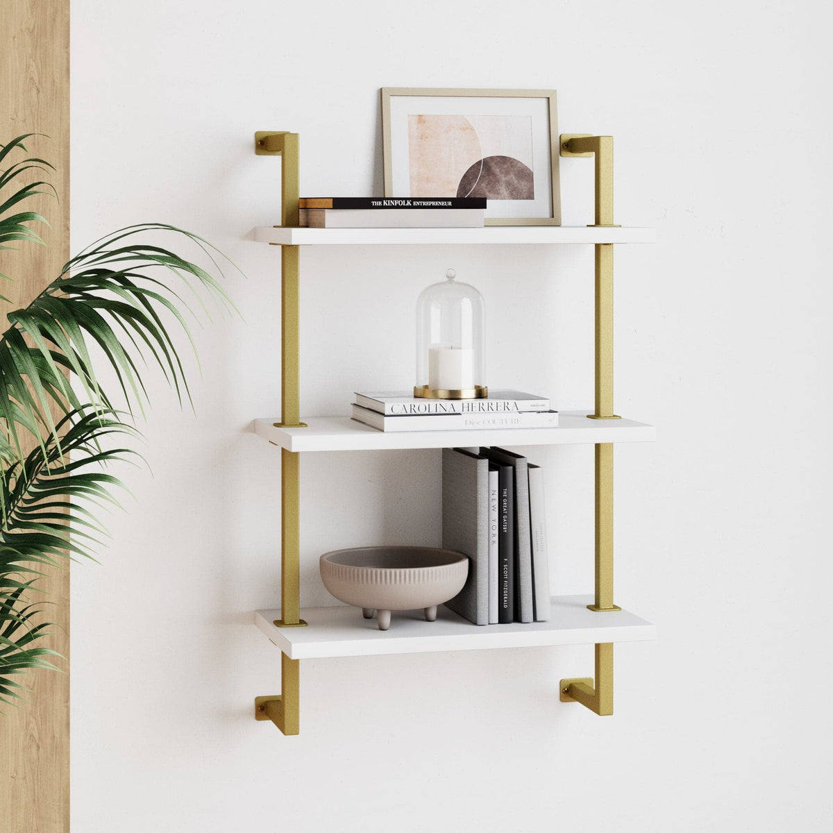 Theo Industrial 3-Shelf Gold Ladder Bookcase with White Open Shelves and Brass Metal Frame | Nathan James