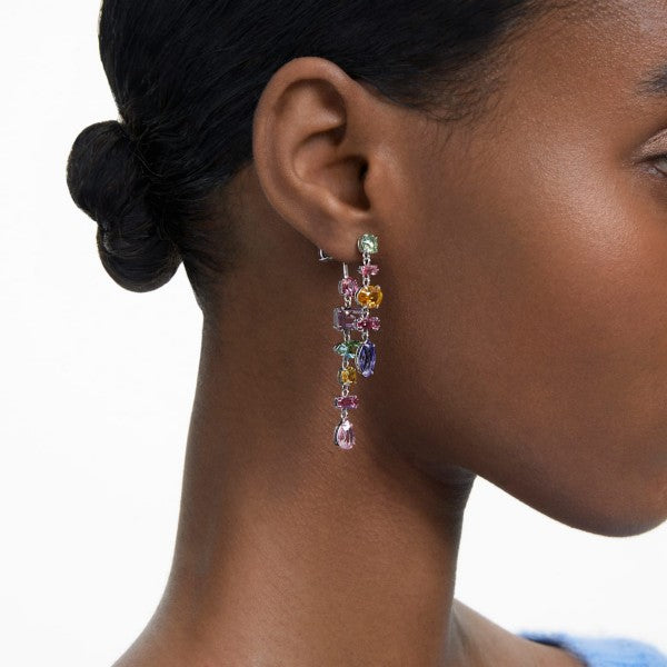 GEMA DROP EARRINGS, ASYMMETRICAL, LONG, MULTI-COLOURED, RHODIUM PLATED