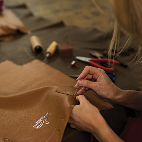 Hand-stitching the handles on the Annabella Tote Bag
