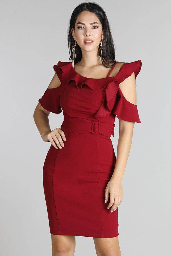 red ruffle shoulder dress