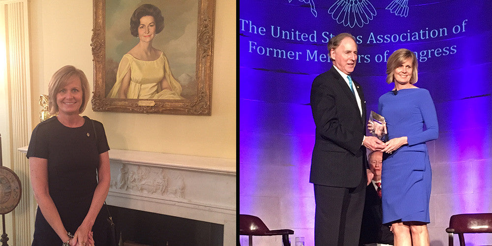 Woman receiving award and in White House