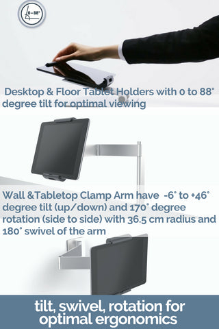 Distinct Designs Tablet Phone Device Holder Stands Mounting Dock tilt, swivel rotation for optimal ergonomics