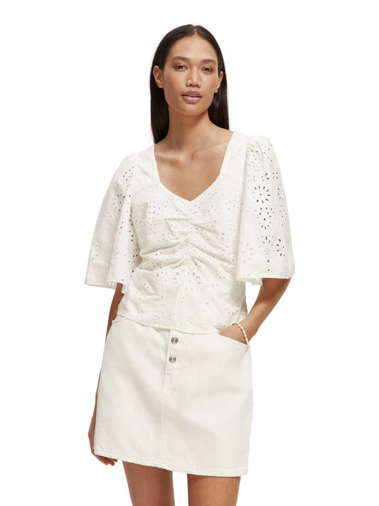 Eyelet Ruch Flutter Sleeve Top