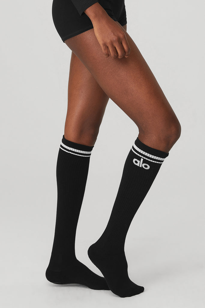 Alo Yoga Women's Knee-High Throwback Barre Sock - Black/White. 4