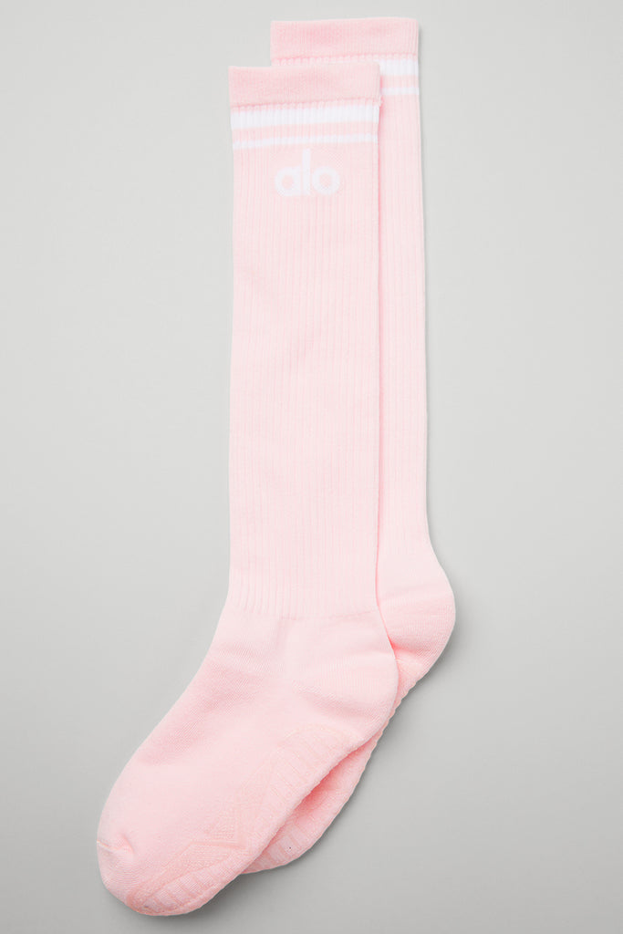 Alo Yoga Women's Knee-High Throwback Barre Sock - Powder Pink/White. 2