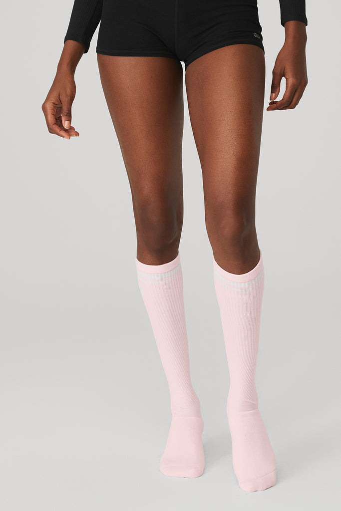 Alo Yoga Women's Knee-High Throwback Barre Sock - Powder Pink/White. 3