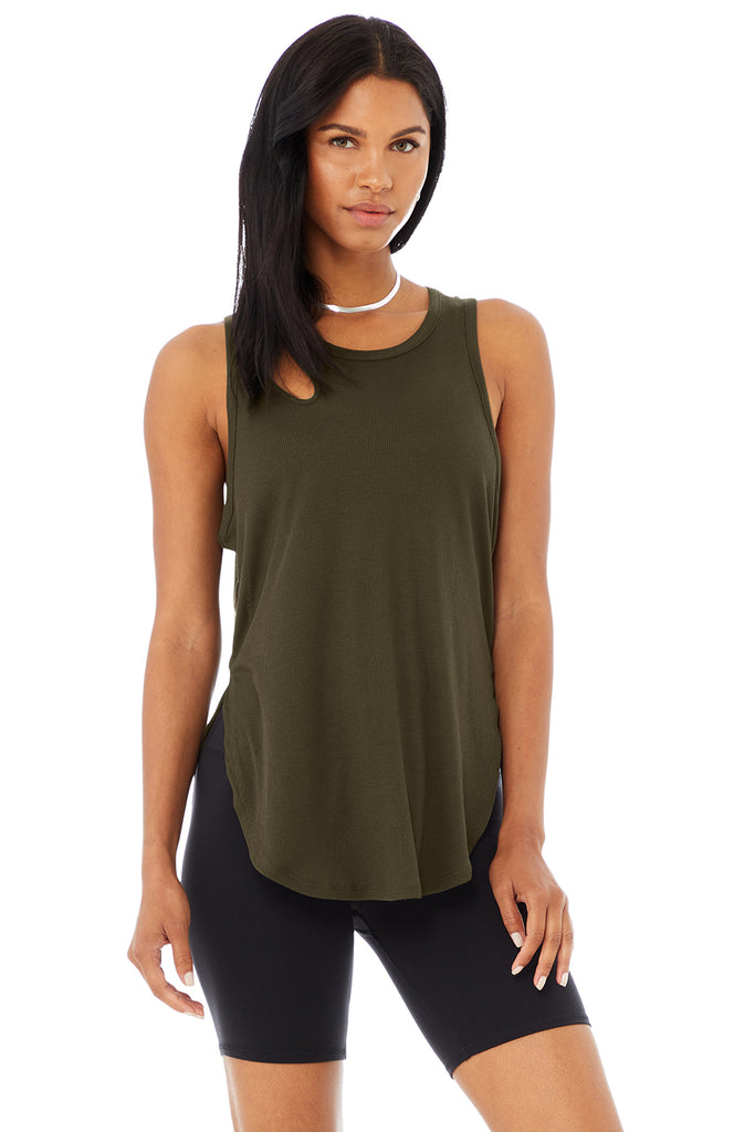 Alo Yoga Ribbed Peak Tank - Dark Olive. 3